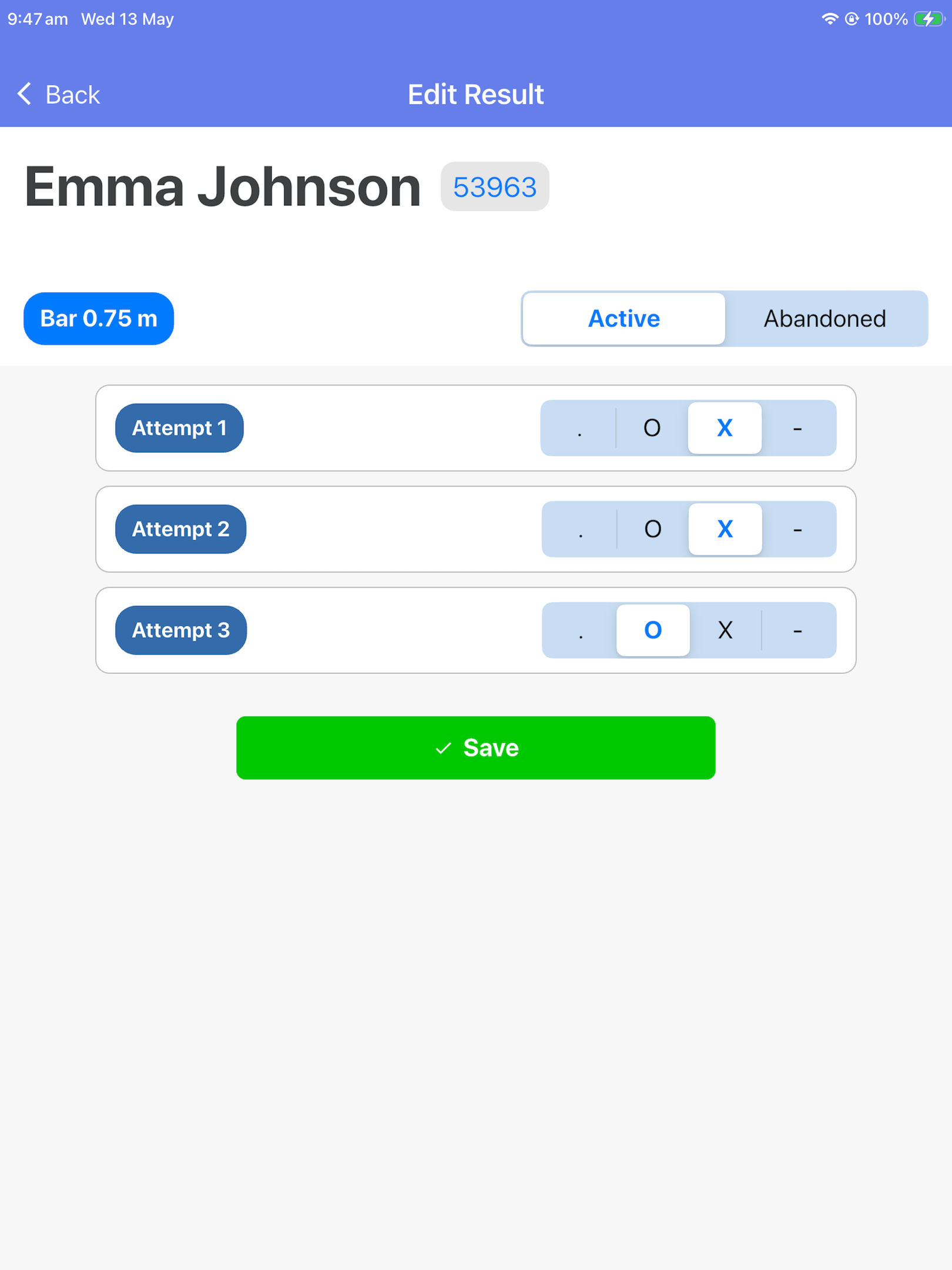 SplitFast Field Events App Edit Result screen for high jump showing athlete Christina McCarthy at 1.65m with O/X/dash attempt buttons