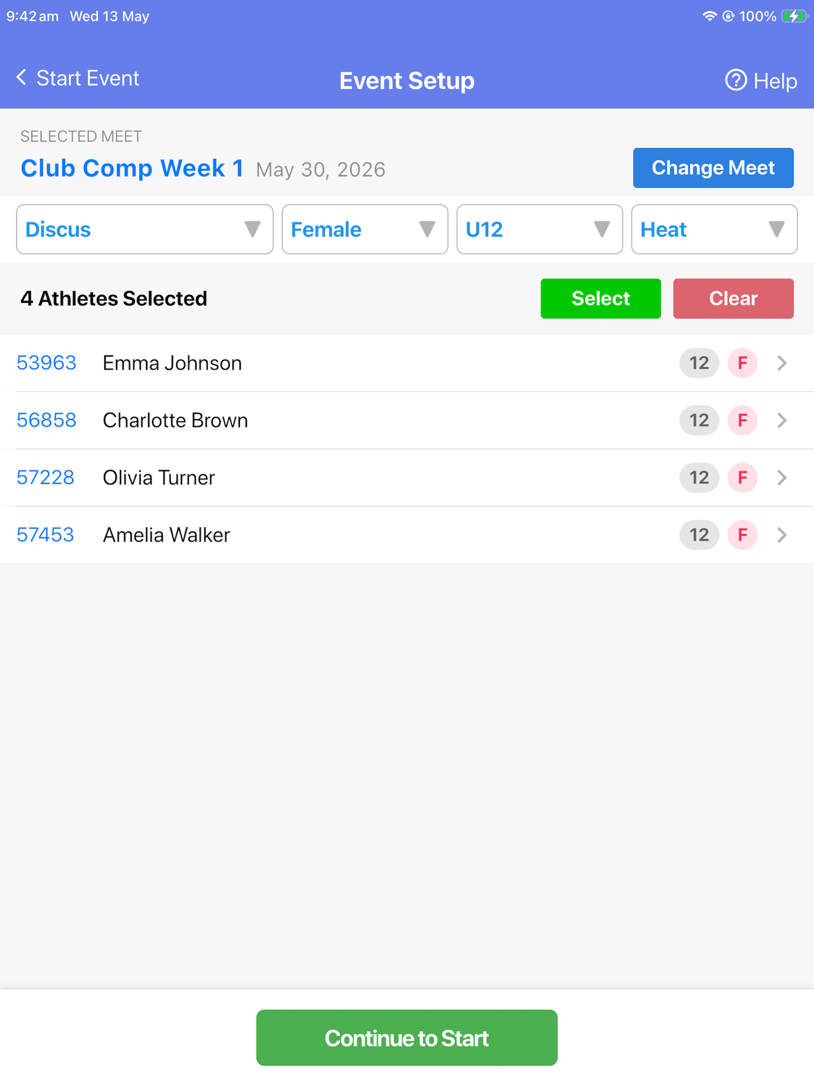 SplitFast Field Events App Event Setup screen showing Long Jump, Female, Senior, Training selected with 6 athletes listed