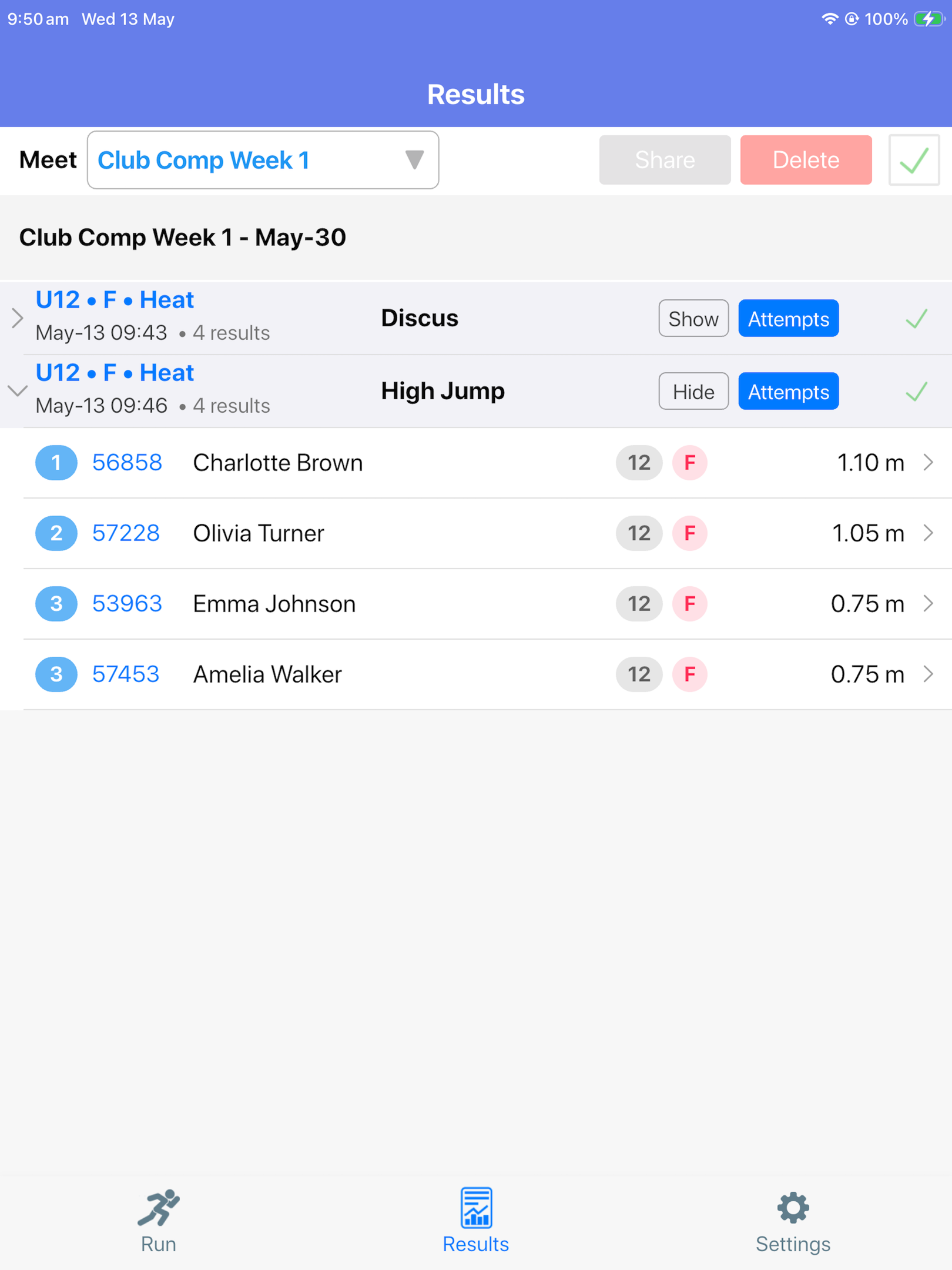SplitFast Field Events App Results screen showing completed Discus and High Jump events with Sync, Share and Delete buttons
