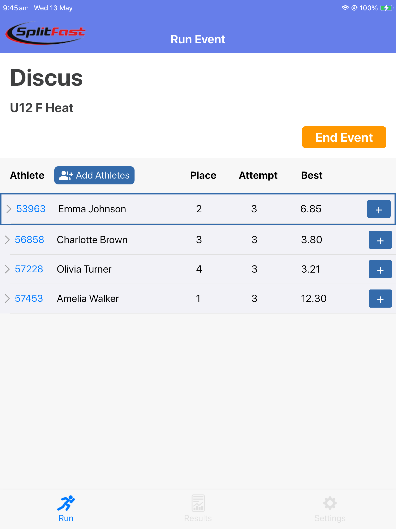 SplitFast Field Events App live Discus event showing real-time rankings with best distances for each athlete